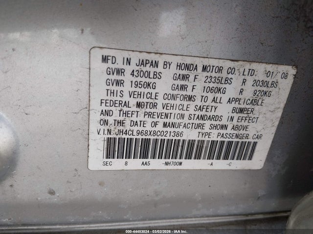 Продаж на аукціоні авто 2008 Acura Tsx, vin: JH4CL968X8C021386, номер лоту: 44483024