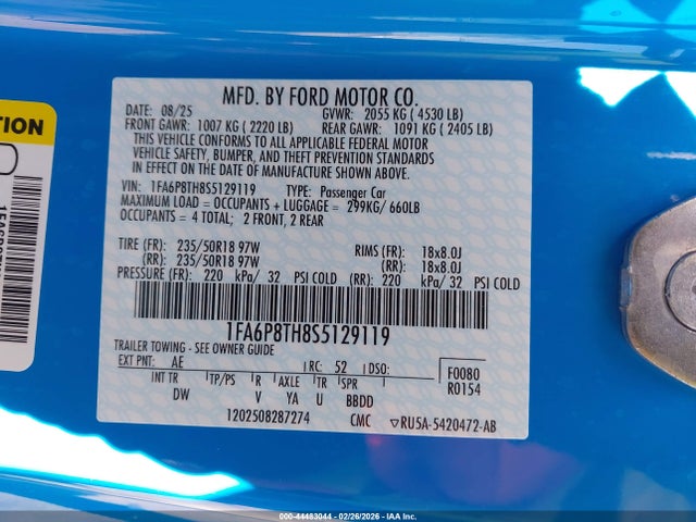 44483044 :رقم المزاد ، 1FA6P8TH8S5129119 vin ، 2025 Ford Mustang Ecoboost Fastback مزاد بيع