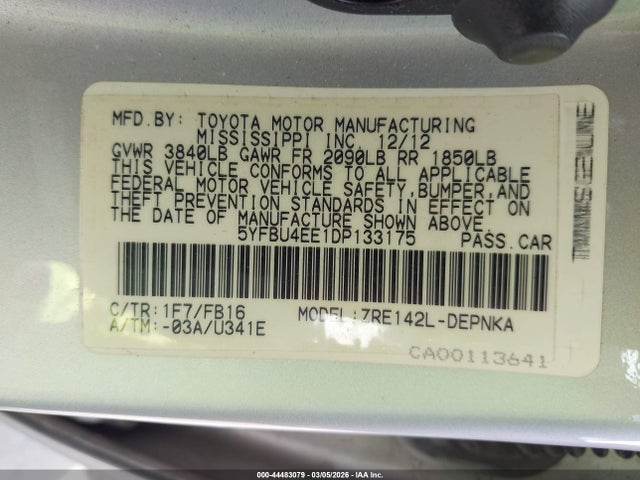 44483079 :رقم المزاد ، 5YFBU4EE1DP133175 vin ، 2013 Toyota Corolla Le مزاد بيع