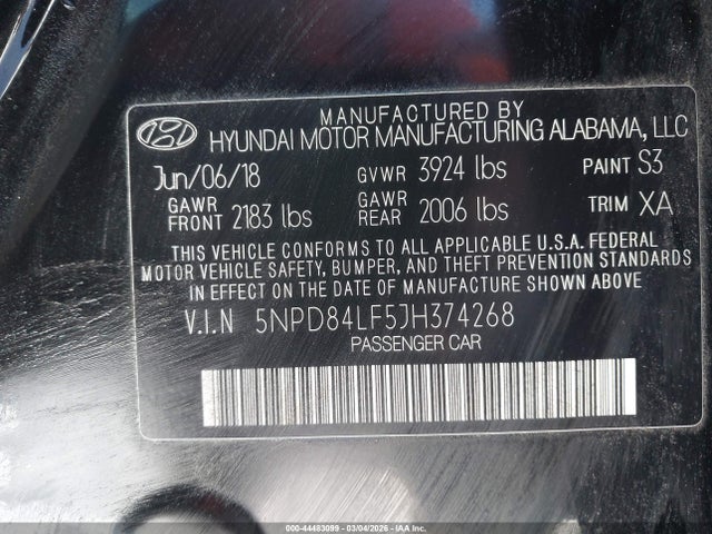 5NPD84LF5JH374268 Hyundai ELANTRA SEL