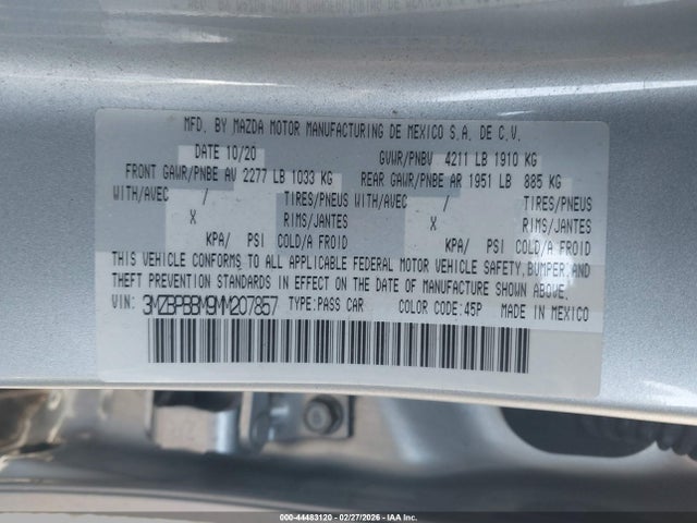 44483120 :رقم المزاد ، 3MZBPBBM9MM207857 vin ، 2021 Mazda Mazda3 Select مزاد بيع