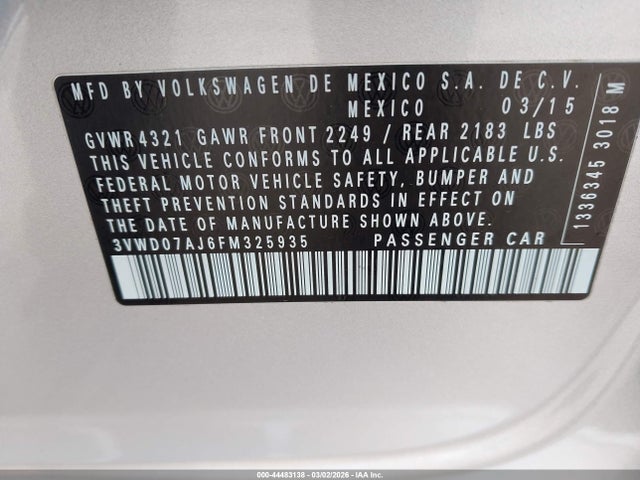Продажа на аукционе авто 2015 Volkswagen Jetta 1.8t Se, vin: 3VWD07AJ6FM325935, номер лота: 44483138