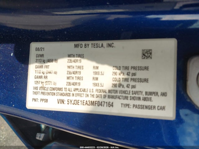 Продаж на аукціоні авто 2021 Tesla Model 3 Standard Range Plus Rear-wheel Drive, vin: 5YJ3E1EA3MF047164, номер лоту: 44483223