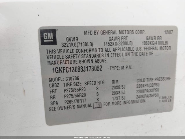 Продаж на аукціоні авто 2008 Gmc Yukon Slt, vin: 1GKFC13088J173052, номер лоту: 44483266