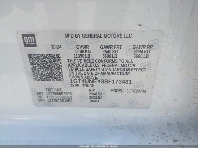 44483269 :رقم المزاد ، 1GT4UNEY3SF173481 vin ، 2025 Gmc Sierra 2500hd 4wd  Standard Bed Slt مزاد بيع