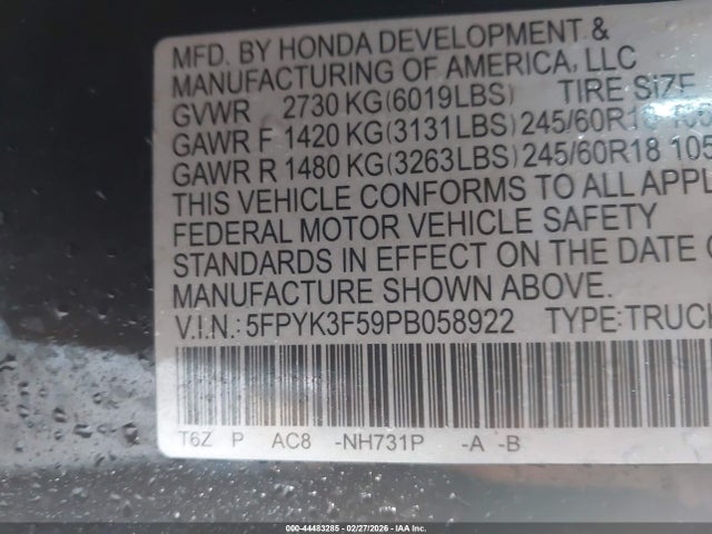 2023 Honda Ridgeline Rtl მანქანა იყიდება აუქციონზე, vin: 5FPYK3F59PB058922, აუქციონის ნომერი: 44483285