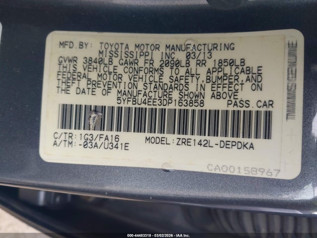 Продажа на аукционе авто 2013 Toyota Corolla L, vin: 5YFBU4EE3DP163858, номер лота: 44483318