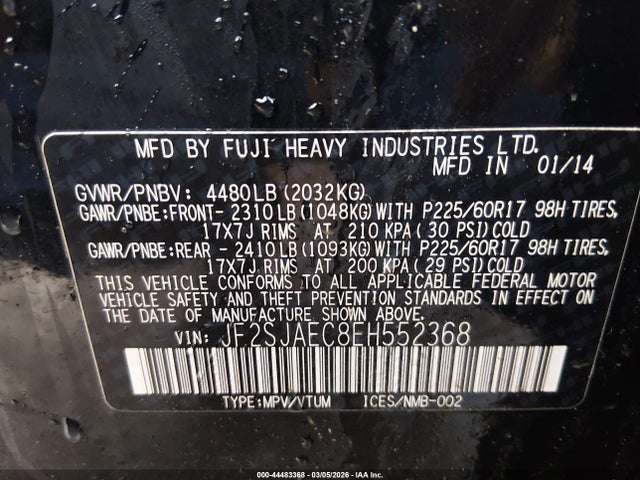 Продаж на аукціоні авто 2014 Subaru Forester 2.5i Premium, vin: JF2SJAEC8EH552368, номер лоту: 44483368