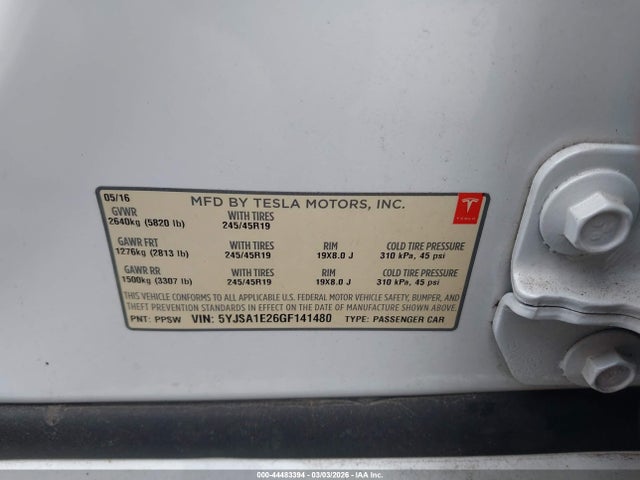 Продаж на аукціоні авто 2016 Tesla Model S 60d/70d/75d/85d/90d, vin: 5YJSA1E26GF141480, номер лоту: 44483394