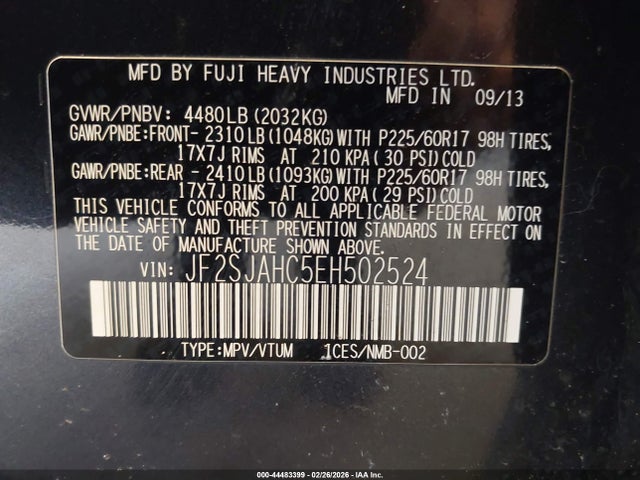 2014 Subaru Forester 2.5i Limited მანქანა იყიდება აუქციონზე, vin: JF2SJAHC5EH502524, აუქციონის ნომერი: 44483399