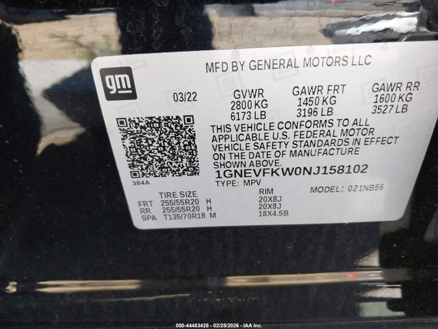 1GNEVFKW0NJ158102 Chevrolet Traverse Awd Ls