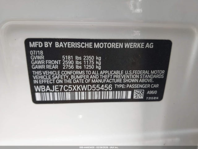 2019 Bmw 540i Xdrive მანქანა იყიდება აუქციონზე, vin: WBAJE7C5XKWD55456, აუქციონის ნომერი: 44483430