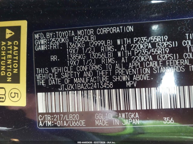 44483436 :رقم المزاد ، JTJZK1BA2C2413458 vin ، 2012 Lexus Rx 350 مزاد بيع