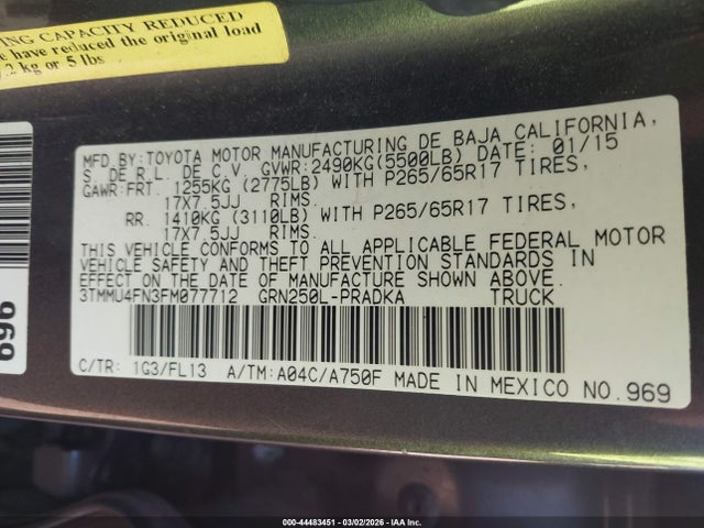 44483451 :رقم المزاد ، 3TMMU4FN3FM077712 vin ، 2015 Toyota Tacoma Base V6 مزاد بيع