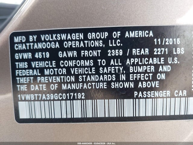 1VWBT7A39GC017192 Volkswagen Passat 1.8t Se
