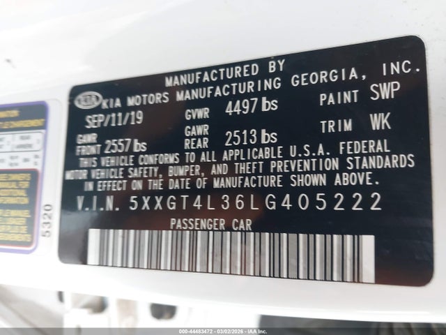 Aukcja sprzedaży 2020 Kia Optima S, vin: 5XXGT4L36LG405222, numer aukcji: 44483472
