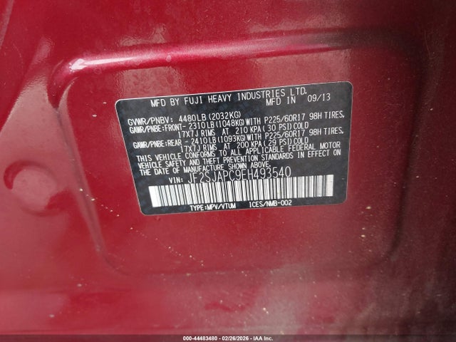 2014 Subaru Forester 2.5i Touring მანქანა იყიდება აუქციონზე, vin: JF2SJAPC9EH493540, აუქციონის ნომერი: 44483480