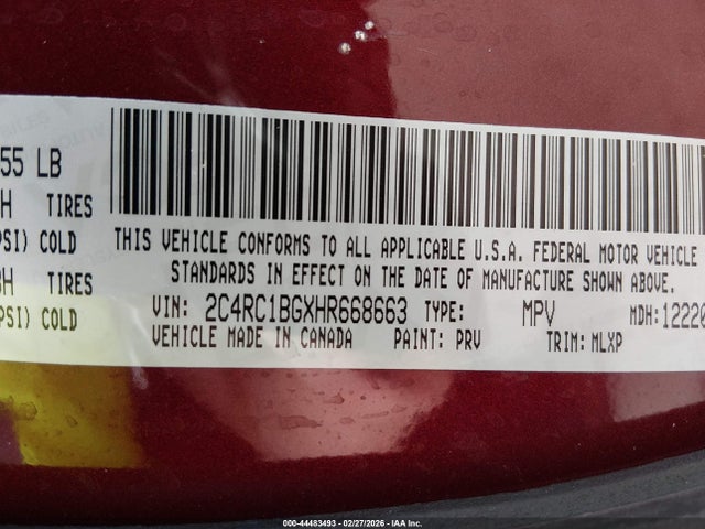 Aukcja sprzedaży 2017 Chrysler Pacifica Touring-l, vin: 2C4RC1BGXHR668663, numer aukcji: 44483493