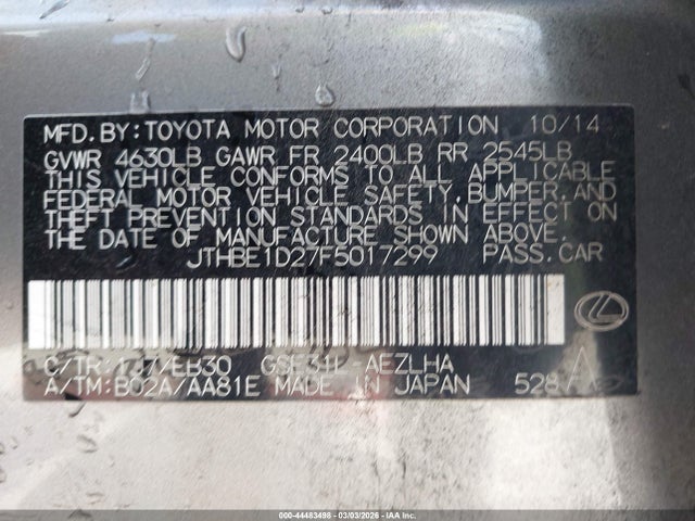 Aukcja sprzedaży 2015 Lexus Is 350, vin: JTHBE1D27F5017299, numer aukcji: 44483498