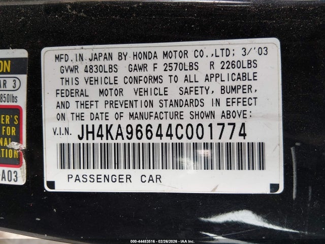 44483516 :رقم المزاد ، JH4KA96644C001774 vin ، 2004 Acura Rl 3.5 مزاد بيع