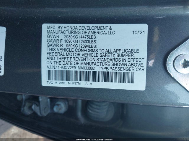 Honda Accord Touring 2021 1HGCV2F91MA033882 Image 9