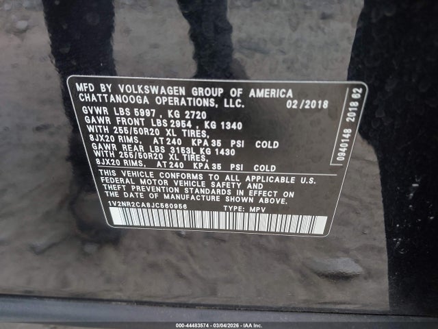 44483574 :رقم المزاد ، 1V2NR2CA8JC560956 vin ، 2018 Volkswagen Atlas 3.6l V6 Sel Premium مزاد بيع