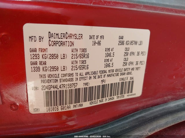 Продаж на аукціоні авто 2007 Dodge Grand Caravan Sxt, vin: 2D4GP44L47R159757, номер лоту: 44483590