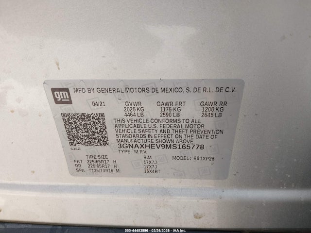 3GNAXHEV9MS165778 Chevrolet Equinox Fwd Ls