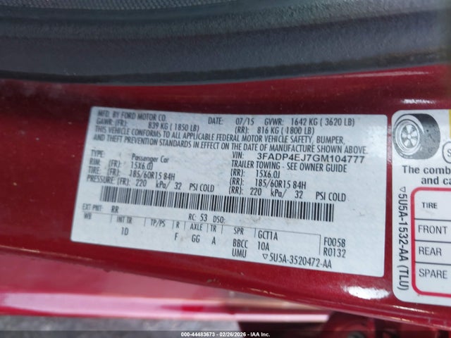 44483673 :رقم المزاد ، 3FADP4EJ7GM104777 vin ، 2016 Ford Fiesta Se مزاد بيع