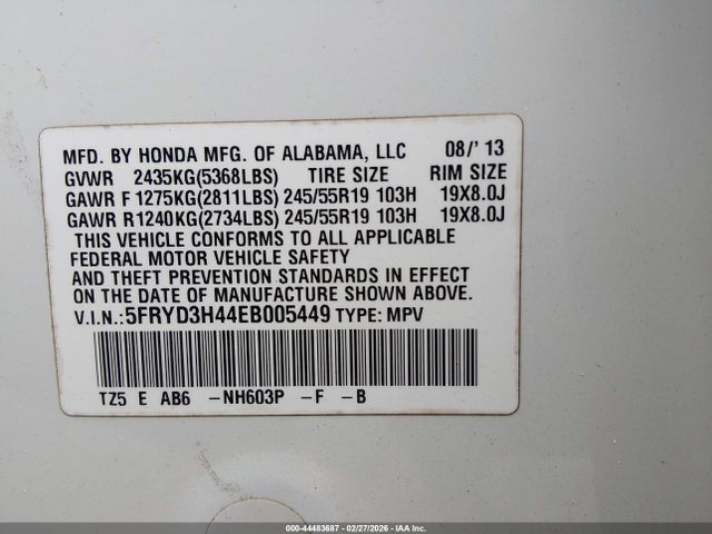 44483687 :رقم المزاد ، 5FRYD3H44EB005449 vin ، 2014 Acura Mdx Technology Package مزاد بيع