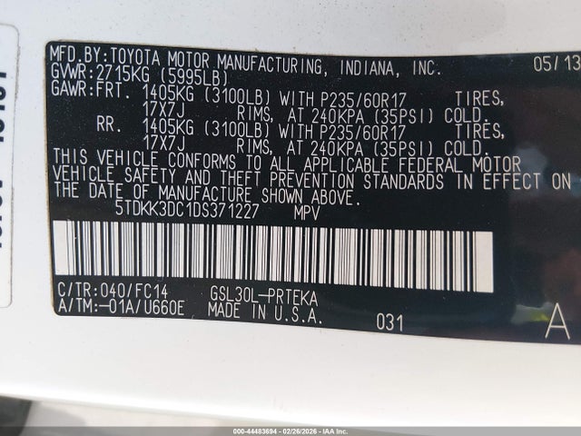 44483694 :رقم المزاد ، 5TDKK3DC1DS371227 vin ، 2013 Toyota Sienna Le V6 8 Passenger مزاد بيع