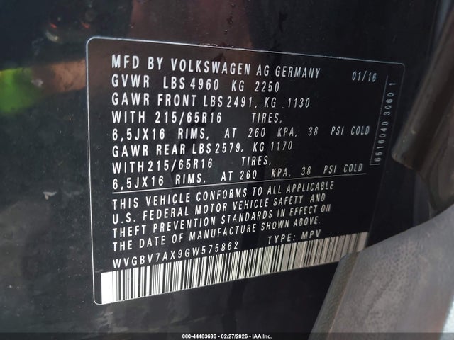 Aukcja sprzedaży 2016 Volkswagen Tiguan S, vin: WVGBV7AX9GW575862, numer aukcji: 44483696