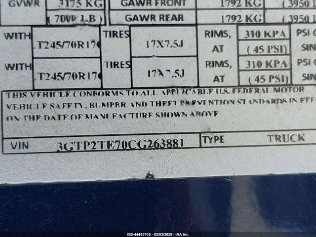 44483705 :رقم المزاد ، 3GTP2TE70CG263881 vin ، 2012 Gmc Sierra 1500 Work Truck مزاد بيع