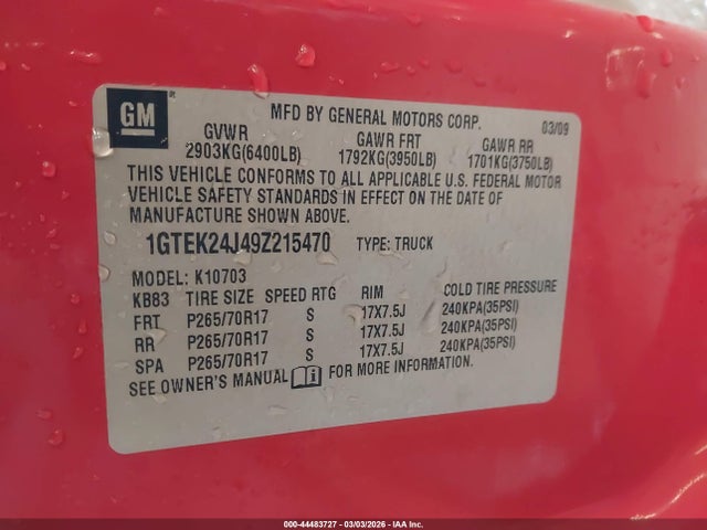 Продаж на аукціоні авто 2009 Gmc Sierra 1500 Sle, vin: 1GTEK24J49Z215470, номер лоту: 44483727