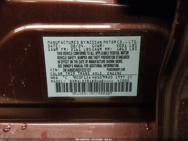 Aukcja sprzedaży 2025 Nissan Sentra Sv, vin: 3N1AB8CV8SY222107, numer aukcji: 44483762