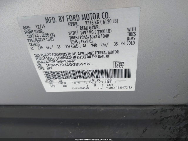 1FM5K7D83GGB81701 Ford EXPLORER XLT