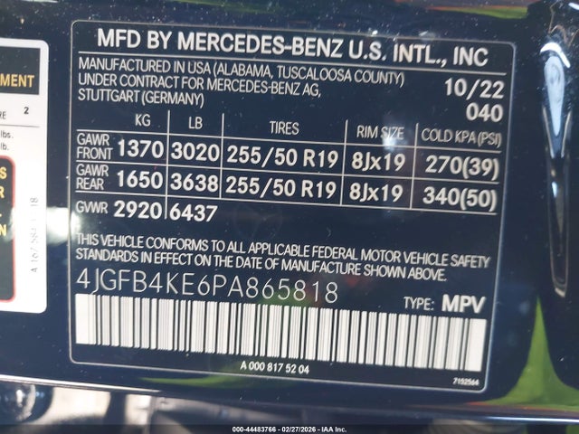 Aukcja sprzedaży 2023 Mercedes-benz Gle 350 4matic, vin: 4JGFB4KE6PA865818, numer aukcji: 44483766