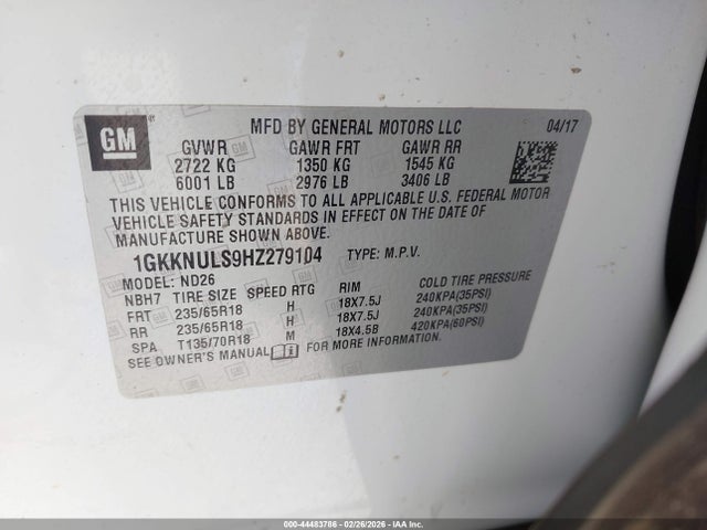 44483786 :رقم المزاد ، 1GKKNULS9HZ279104 vin ، 2017 Gmc Acadia Slt-1 مزاد بيع