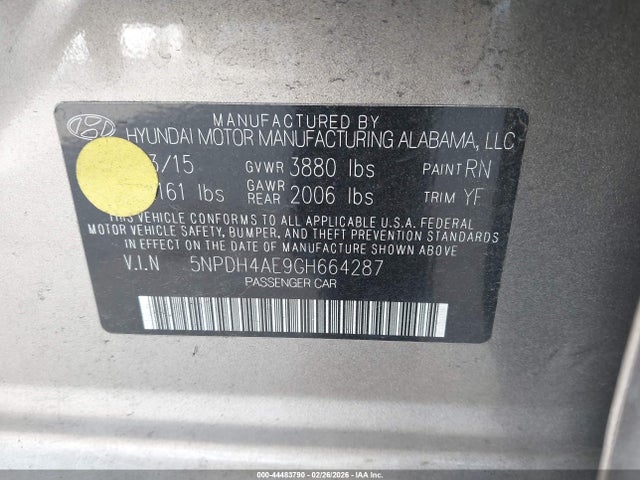 5NPDH4AE9GH664287 Hyundai ELANTRA SE