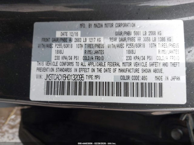 44483856 :رقم المزاد ، JM3TCACY6H0132095 vin ، 2017 Mazda Cx-9 Touring مزاد بيع
