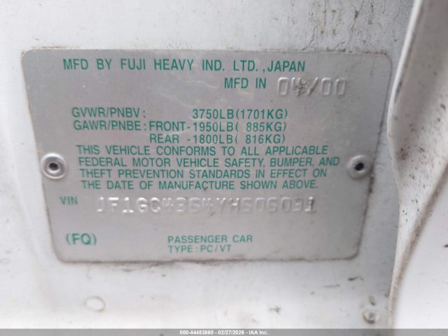 Продаж на аукціоні авто 2000 Subaru Impreza L, vin: JF1GC4354YH505031, номер лоту: 44483860