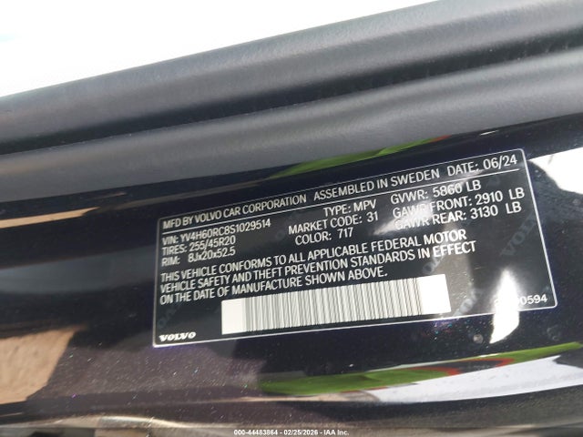 Продажа на аукционе авто 2025 Volvo Xc60 Plug-in Hybrid Plus, T8 Awd Electric/gasoline, Dark, vin: YV4H60RC8S1029514, номер лота: 44483864