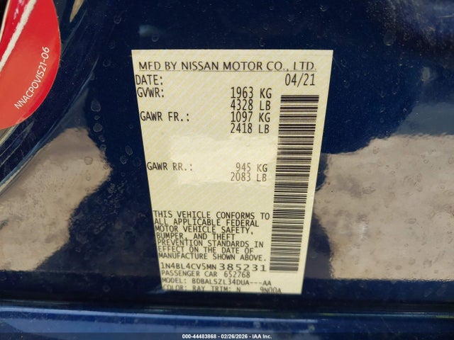 1N4BL4CV5MN385231 Nissan Altima Sr Fwd