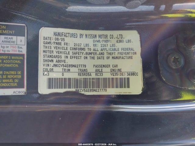 Продаж на аукціоні авто 2005 Infiniti G35, vin: JNKCV54E85M427779, номер лоту: 44483876