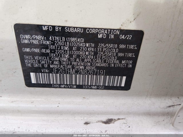 Продаж на аукціоні авто 2022 Subaru Crosstrek Limited, vin: JF2GTHMC2N8267191, номер лоту: 44483907