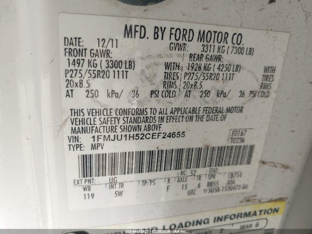 44483922 :رقم المزاد ، 1FMJU1H52CEF24655 vin ، 2012 Ford Expedition King Ranch مزاد بيع