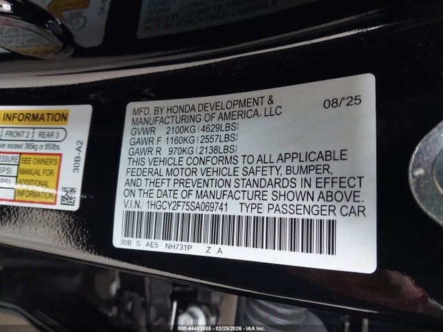 Продажа на аукционе авто 2025 Honda Accord Hybrid Sport-l, vin: 1HGCY2F75SA069741, номер лота: 44483958