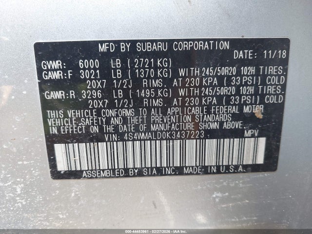 2019 Subaru Ascent Limited მანქანა იყიდება აუქციონზე, vin: 4S4WMALD0K3437223, აუქციონის ნომერი: 44483961