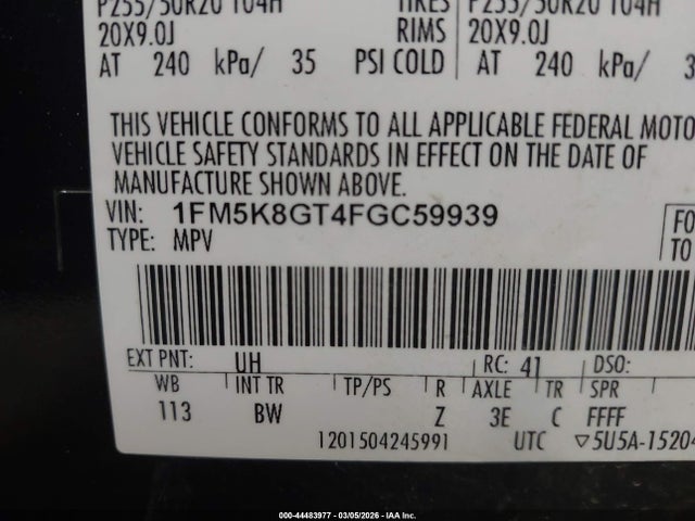2015 Ford Explorer Sport მანქანა იყიდება აუქციონზე, vin: 1FM5K8GT4FGC59939, აუქციონის ნომერი: 44483977