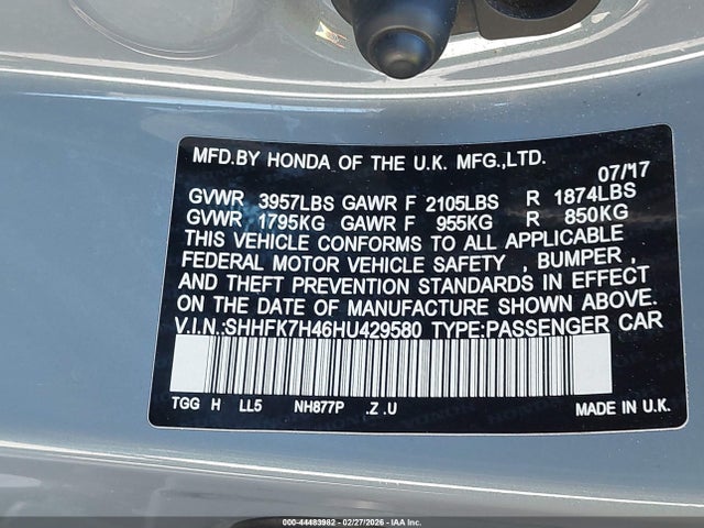SHHFK7H46HU429580 Honda Civic Sport
